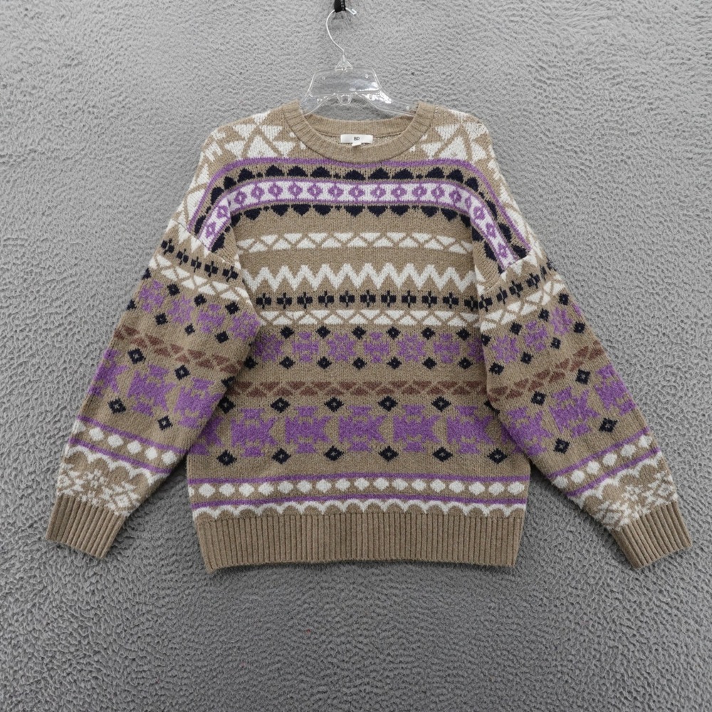 BP Nordstrom Womens Fair Isle Crewneck Sweater Tan Purple XS NEW